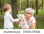 Beautiful boy giving a flower to grandma. Happy mothers day. Grandson and grandmother spending time together. Act of kindness to an elderly woman. Funny boy with flowers and his grandmother in park.
