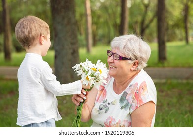 Beautiful boy giving a flower to grandma. Happy mothers day. Grandson and grandmother spending time together. Act of kindness to an elderly woman. Funny boy with flowers and his grandmother in park.