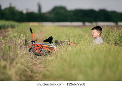 A beautiful boy is sitting in the grass. Next to him lies his bicycle. A sports kid on a walk. - Shutterstock ID 1126679288