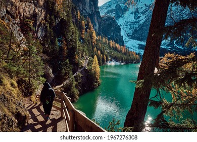 The beautiful Braies lake in late autumn with a little snow, Pearl of the Dolomite lakes is an UNESCO heritage and is located in the Braies Alto Adige,Italy