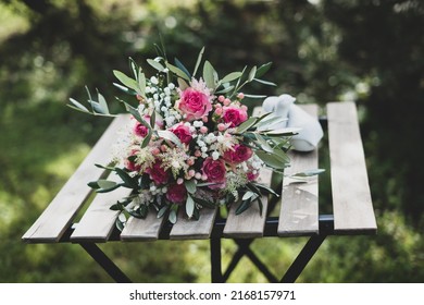 Beautiful Bridal Bouqet Laying On A Bistrotable