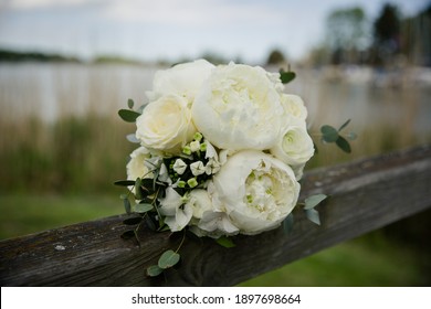 Beautiful Bridal Bouqet With White Peonies And Eucalyptus 