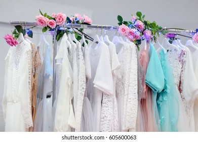Beautiful Bridal Dresses Or Bridesmaid Dresses On A Mannequin. Wedding Shopping
