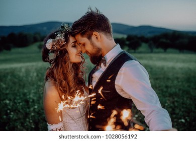 Beautiful bride and groom with sparklers on a meadow. - Powered by Shutterstock