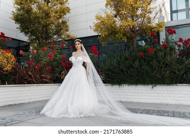 Beautiful Bride Outdoor Wedding Day, Bride With Makeup And Hairstyle