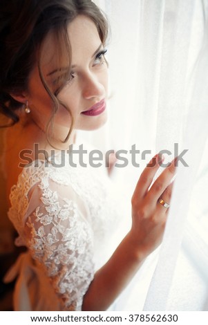 Beautiful Bride Portrait wedding makeup, wedding hairstyle, Wedding dress. Wedding decoration. soft selective focus. gorgeous young bride at home. series. 
