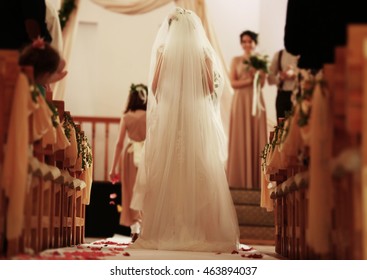 Beautiful Bride Walking To Wedding Altar