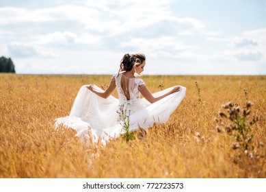 A beautiful bride in wedding dress is dancing alone in a field of wheat. View from the back