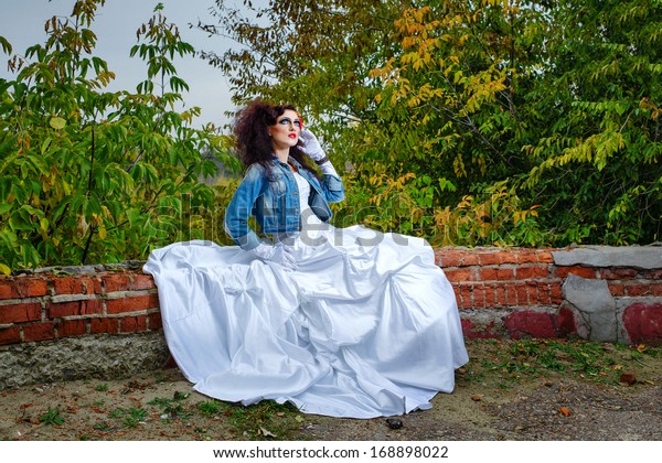 Beautiful Bride Wedding Dress Denim Jacket Stock Photo Edit Now