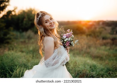 Beautiful Bride In A Wedding Dress.girl In A White Puffy Dress