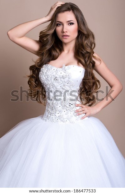 Beautiful Bride White Wedding Dress Hairstyle Stock Photo