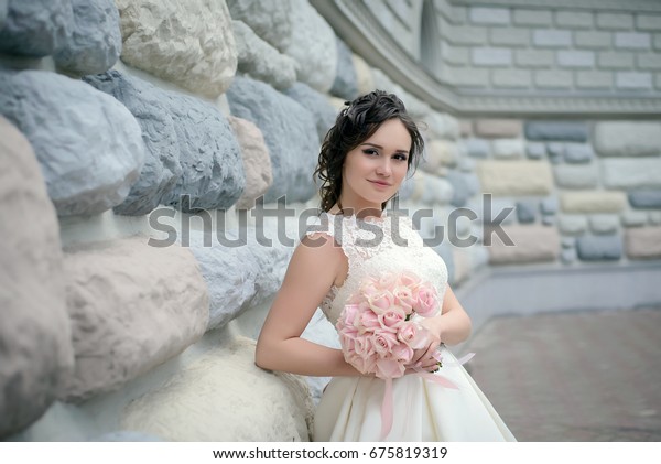 Beautiful Bride White Wedding Dress Stands Stock Photo Edit Now