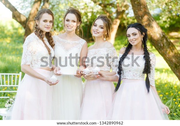 Beautiful Bridesmaids Pink Dresses Posing Looking Stock Photo