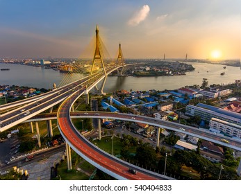 Beautiful Bridge And River Bird Eye View Landscape During Sunset In Bangkok Thailand  