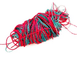 Beautiful Bright Juicy Pink And Blue Threads Are Frazzled In A Tangle And Lie On A White Background, Isolate.