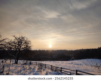 beautiful, bright sunrise in the sky in the clouds, on a winter, cold, fresh morning, against the background of a snow-covered field, behind a wooden fence in the countryside on a farm, and in the low - Powered by Shutterstock