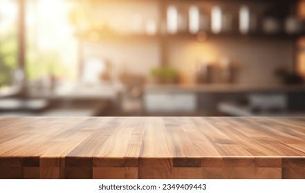 hermosa mesa de madera marrón fondo interior de cocina y desenfocado con broche de luces diurnas, pantalla de montaje de producto