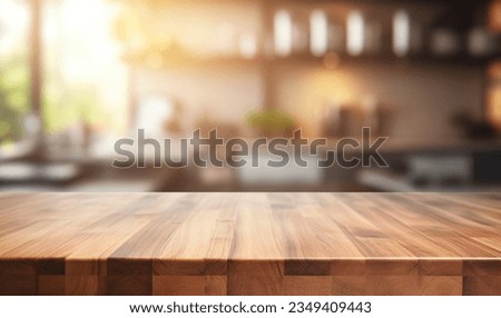beautiful brown wood table top kitchen interior background and blurred defocused with daylight flare bokeh, product montage display