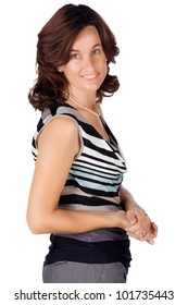 Beautiful Brunette Business Woman In Her 30s Wearing A Top With Stripes And Pearls Looking Over Her Shoulder On The White Background.