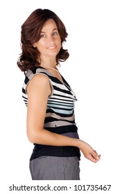 Beautiful Brunette Business Woman In Her 30s Wearing A Top With Stripes And Pearls Looking Over Her Shoulder On The White Background.