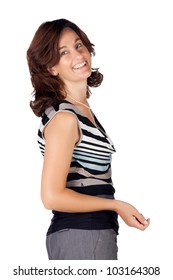 Beautiful Brunette Business Woman In Her 30s Wearing A Top With Stripes And Pearls Looking Over Her Shoulder On The White Background