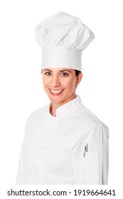 Beautiful Brunette Female Head Chef Isolated On White Background