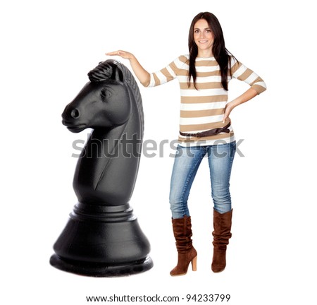 Beautiful brunette girl and a big chess knight isolated on a over white background
