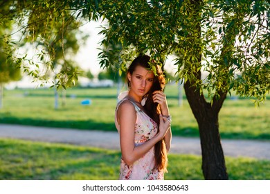 Beautiful Brunette Girl Long Braid Summer Stock Photo 1043580643 ...