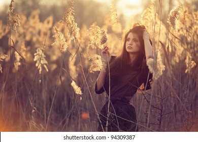 A beautiful brunette girl posing in a field on autumn.Art photo.