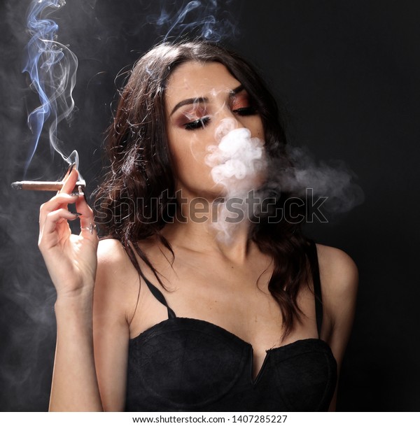 Beautiful Brunette Girl Smoking Cigar Studio Stock Photo (Edit Now ...