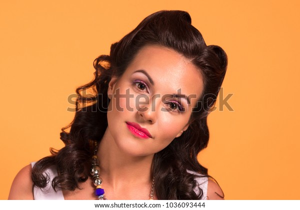 Beautiful Brunette Hairdo Make Studio Pin Royalty Free Stock Image
