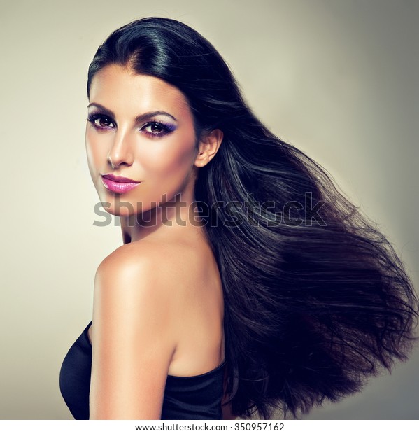 Beautiful Brunette Long Hair Flying Elegant Stock Photo