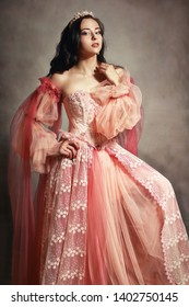 Beautiful Brunette Princess Peach Pink Dress Painterly Look Old Fashion