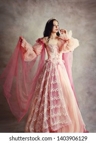 Beautiful Brunette Princess Peach Pink Dress Painterly Look Old Fashion