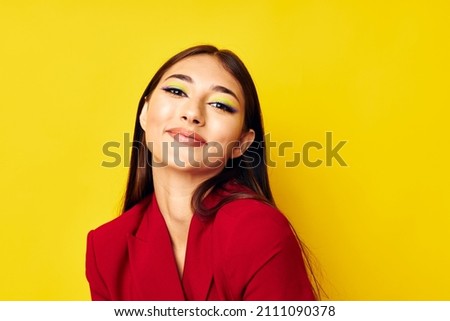 beautiful brunette red jacket posing fashion isolated background unaltered