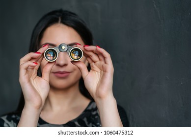 Beautiful Brunette Sexy Spy Agent (killer Or Police) Woman With A Binocular In Her Hand Stalking Someone