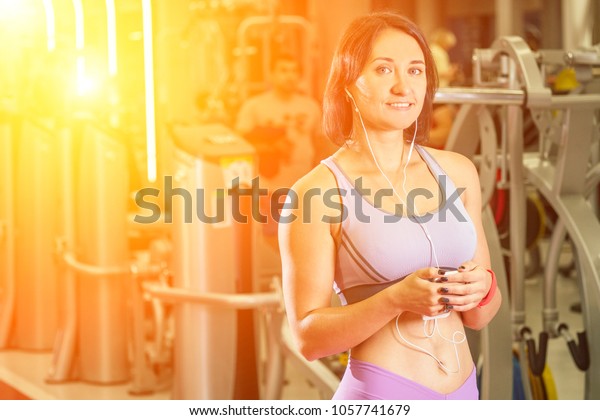 Beautiful Brunette Short Hair Gym Listening Stock Photo Edit Now