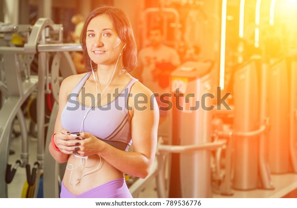 Beautiful Brunette Short Hair Gym Listening Stock Photo Edit Now