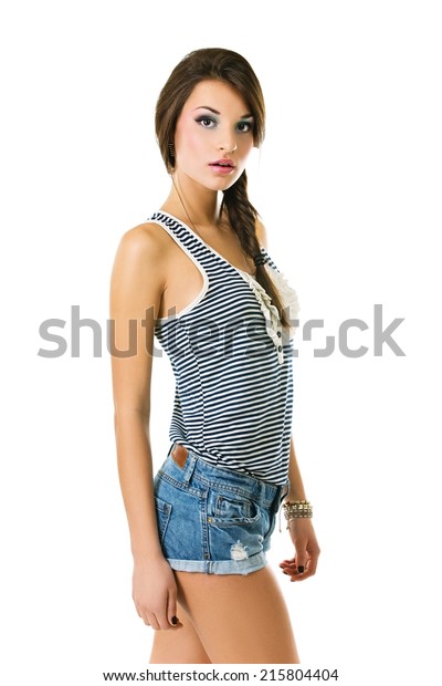 Beautiful Brunette Slender Girl Hairstyle Dressed Stock Photo 215804404 ...