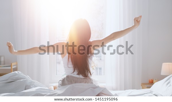 Beautiful Brunette Waking Morning Stretches Bed Stock Photo Edit Now