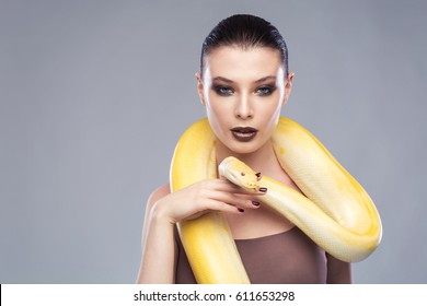 Beautiful brunette woman with a albine python. Fashion makeup, gray background