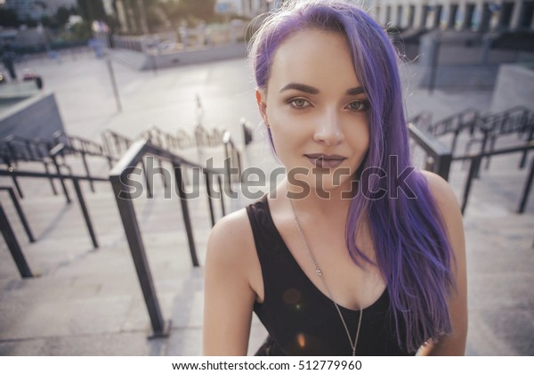 Beautiful Brunette Woman Colored Purple Violet Stock Photo