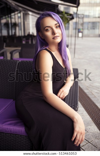 Beautiful Brunette Woman Colored Purple Violet Stock Photo