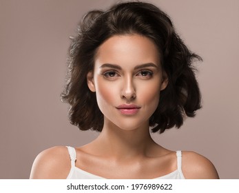 Beautiful Brunette Woman In Dress With Short Beauty Hair Happy Clean Fresh Skin