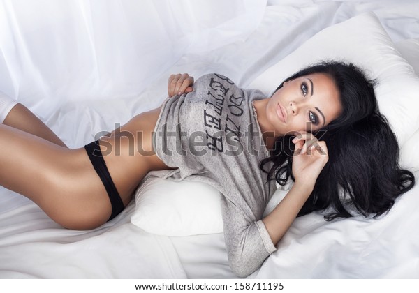 Beautiful Brunette Woman Posing White Bed Shutterstock