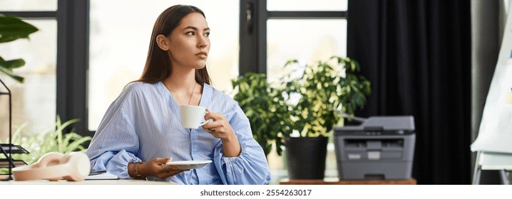 Beautiful brunette woman sips coffee with contemplation in a stylish, light filled room. - Powered by Shutterstock