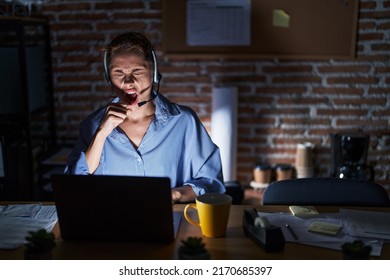 Beautiful Brunette Woman Working At The Office At Night Feeling Unwell And Coughing As Symptom For Cold Or Bronchitis. Health Care Concept. 