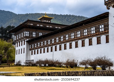 The beautiful Buddhist temple complex inside of the Fortress of the Glorious Religion in Thimphu Bhutan