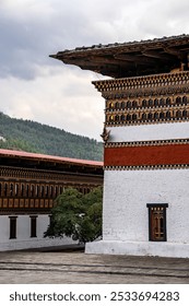 The beautiful Buddhist temple complex inside of the Fortress of the Glorious Religion in Thimphu Bhutan