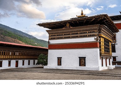 The beautiful Buddhist temple complex inside of the Fortress of the Glorious Religion in Thimphu Bhutan